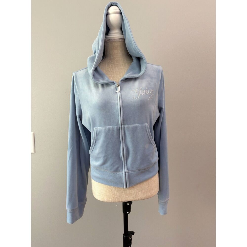 Juicy Couture Womens XL Light Blue Velour Full Zip Hoodie Rhinestone Logo Y2K